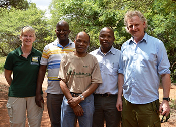 Left to right: Dr Karen MacEachern (Uofg), Mmolotsi Muller Dikolobe (DWNP), Dr Michael Flyman (DWNP), Mmadi Reuben (DWNP), Prof Nick Jonsson (UofG) – at Mokolodi Nature Reserve, near Gaborone in Botswana, March 2016