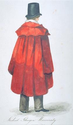 Drawing of a UofG arts student, c1843, wearing a red 'togati' gown.