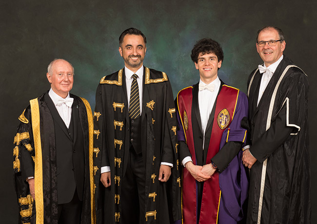 Image of, from left to right, Chancellor Sir Kenneth Calman, Rector Aamer Anwar, SRC President Ameer Ibrahim and Senior Vice-Principal, Professor Neal Juster.