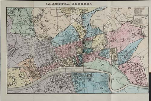 an arial map of glasgow with coloured sections highlighting areas where disease or ill health were most prolific