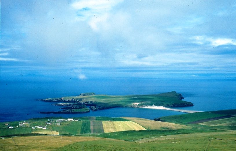 St Ninian’s Isle is a small, now uninhabited, island off the south-west coast of mainland Shetland, to which it is joined by a sandy bar or tombolo.
