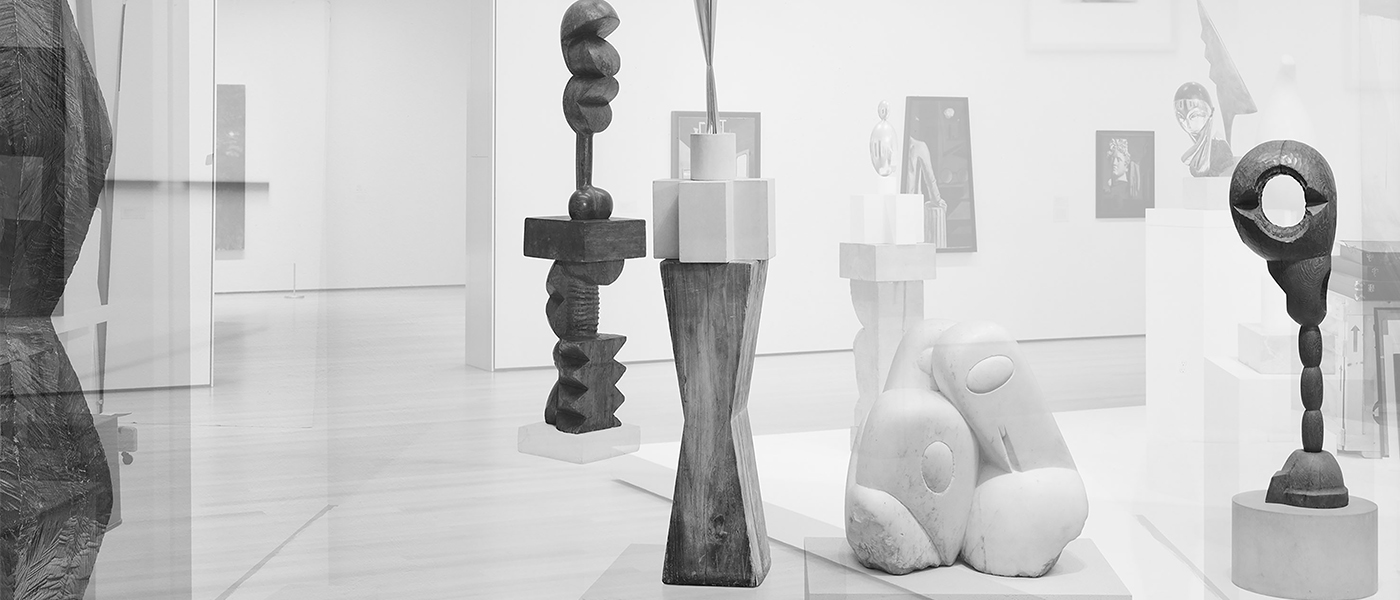 Simon Starling, Pictures for an Exhibition 2013-2014, #12 of 36 Constantin Brancusi, Endless Column (1918), Adam & Eve (1916–21), Bird in Space (1926), Three Penguins (1911–12), Socrates (1922) (left to right).