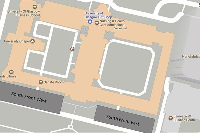 Image map showing parking restrictions on the South Front at Gilmorehill