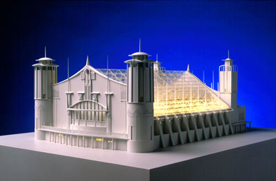Concert Hall (1898), Charles Rennie Mackintosh, Glasgow International Exhibition Competition Entry for Kelvingrove Park. Laser cut clear acrylic, CNC-routered white acrylic, styrene, etched brass and fibre-optic lighting. Ozturk Modelmakers (2002/3).