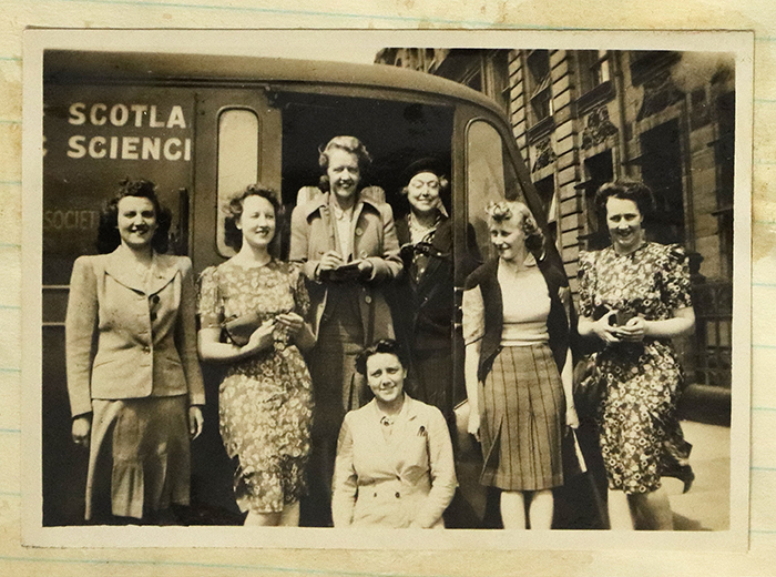Andross on tour, circa 1941. This van was gifted to the College by the American Federation of Business and Professional Women and was used for roving in the “Save the Fruit” campaign.  Courtesy of Archives and Special Collections, Glasgow Caledonian University.  