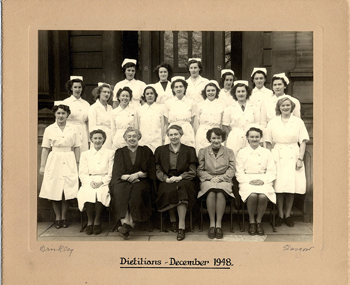 Diploma Day with Andross and one of her dietetics classes in 1948. Courtesy of Archives and Special Collections, Glasgow Caledonian University. 