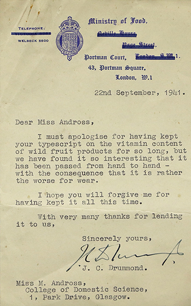 Letter from Ministry of Food praising Andross’ paper ‘Vitamin Content of Wild Fruit Products’ (held in GCU Archive Centre). Courtesy of Archives and Special Collections, Glasgow Caledonian University. 