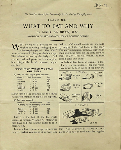 Leaflet (No. 1) by Andross for the Scottish Council for Community Service during Unemployment, 1937. Courtesy of Archives and Special Collections, Glasgow Caledonian University. 
