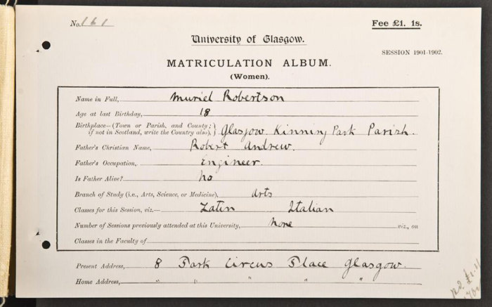 Muriel Robertson Matriculation card