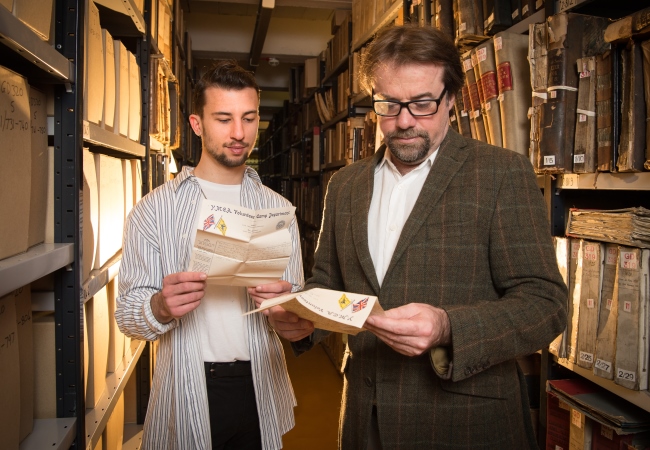 Letters from a Prisoner of War 1918 Project goes live. Professor Tony Pollard and History of Art student Petros Aronis reading some of the letters at the University's archives.