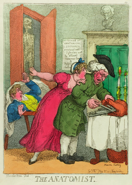 Cartoon drawing by Thomas Rowlandson. An anatomist stuffs tools into a bag while in the background a well dressed young man lying on a table appears to have come to in surprise at his situation. A well-dressed lady may be pleading with the anatomist.