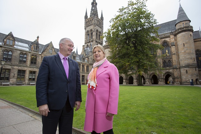 Former President of Ireland, Mary McAleese who has joined the University of Glasgow as a Professor of Children, Law and Religion with Professor Roibeard Ó Maolalaigh, Vice Principal and Head of the College of Arts at the University of Glasgow. Photo Credit Martin Shields