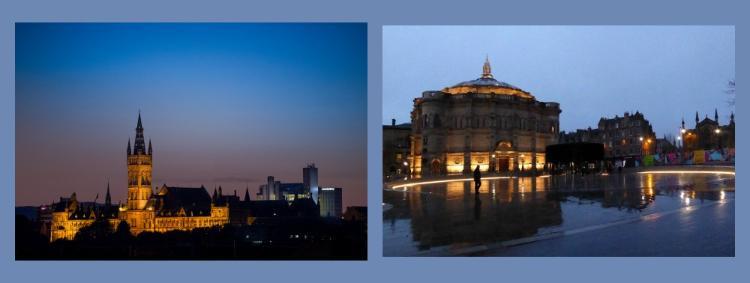 Split image of the University of Glasgow Main Building and Library and University of Edinburgh Mcewan Hall