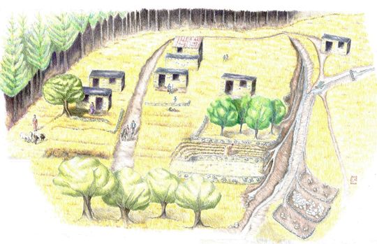 Reconstruction of Karterouni village, used in the new ‘InfoKiosk’ for visitors, by University of Glasgow illustrator Lorraine McEwan