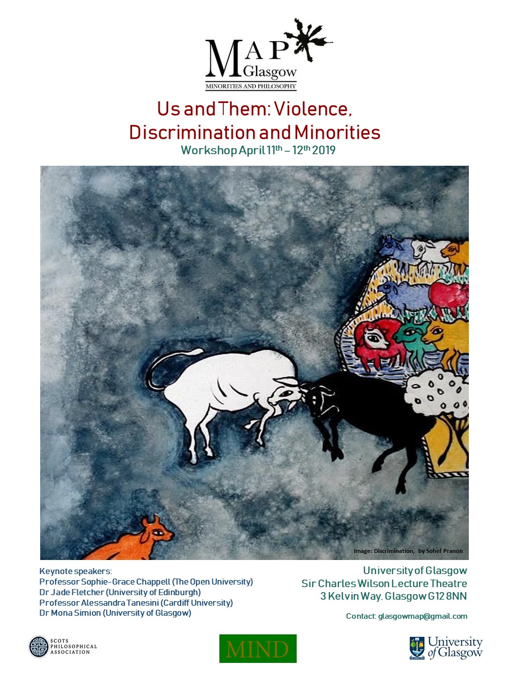 poster: logos and information about the project with the title us and them: violence, discrimination and minorities. most of the poster is a painting of a black and a white bull fighting, with other colourful bulls to the right watching