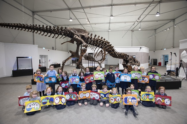 Broomhill Primary with Trix the T.rex at the official opening for the T.rex in Town exhibition at Kelvin Hall Photo Credit Martin Shields