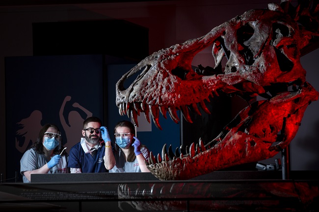 Dentist lecturer Jamie Dickie and dental students Sophie James (left) and Kirsty Harrower (right) with Trix the T.rex at the official opening for the T.rex in Town exhibition at Kelvin Hall Photo Credit Martin Shields