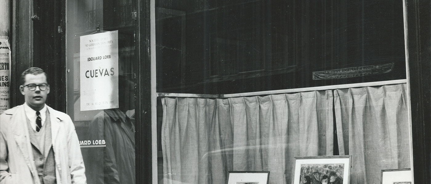 Phillip Bruno in 1955, outside the Loeb Gallery, Paris, where he organised an exhibition for the Mexican artists José Luis Cuevas, an artist represented in the Phillip A. Bruno collection.