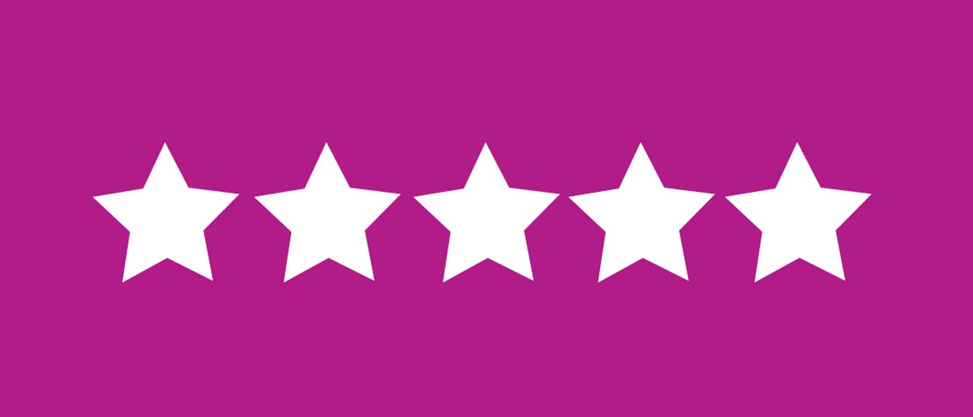 Decorative graphic of five white stars on a pink background