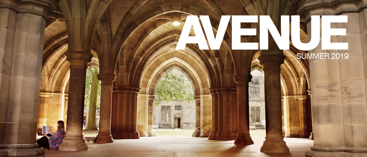 Avenue magazine masthead. Student sat reading in the University cloisters.