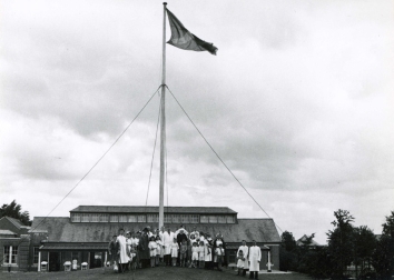 The Corporation of Glasgow flag flying for the last time at Mearnskirk Hospital, 5th July 1948.