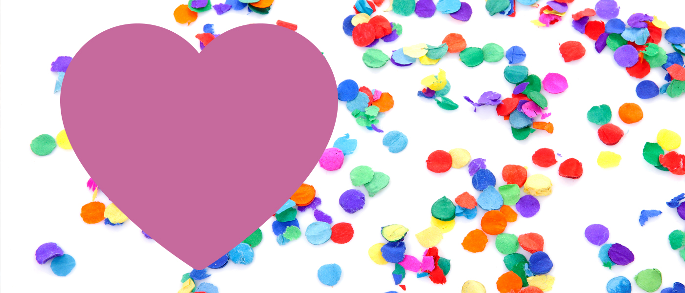 Colourful confetti with a pink heart graphic (photos: courtesy of Shutterstock).