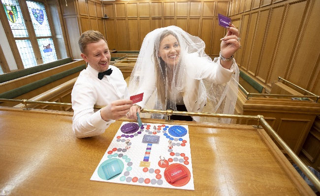 Launch of a new UofG board game Legally Wed with bride and groom Aimee and Warren Crawford. Photo credit Martin Shields