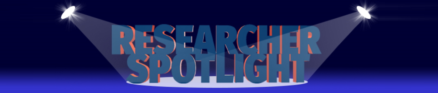 a graphical image of the words researcher spotlight with two spotlights either side