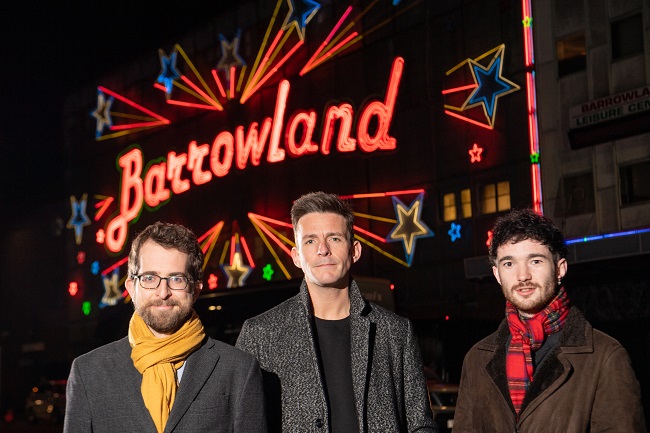 Dr Matt Brennan, a Reader in Popular Music at the University of Glasgow; Glasgow PhD student Robert Allan, also a founding and current member of the band Glasvegas and Robert Kilpatrick, General Manager of the Scottish Music Industry Association (SMIA) in front of the iconic Glasgow Barrowland Ballroom music venue