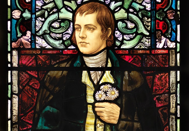 A photo of the Robert Burns stained glass window 