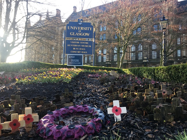 A photo of the memorial to WW1 University of Glasgow dead featuring the final WW1 cross of Douglas Wilson