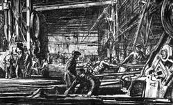 Muirhead Bone etching of Glasgow shipyard workshop 1930's