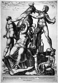 Diana Mantovana, Amphion and Zethus Tying Dirce to a Wild Bull (The Farnese Bull), Engraving, 1581.
