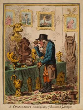 James Gillray, A Cognocenti Examining ye Beauties of ye Antique, Etching, with original hand colour, 1801.