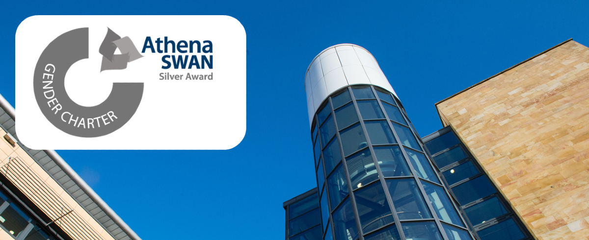Athena SWAN silver award graphic over an angled shot of the Sir Graeme Davies Building