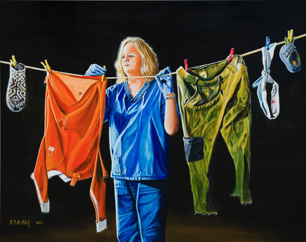 A painting by Robert McNeil - forensic hanging items on a washing line near Srebrenica