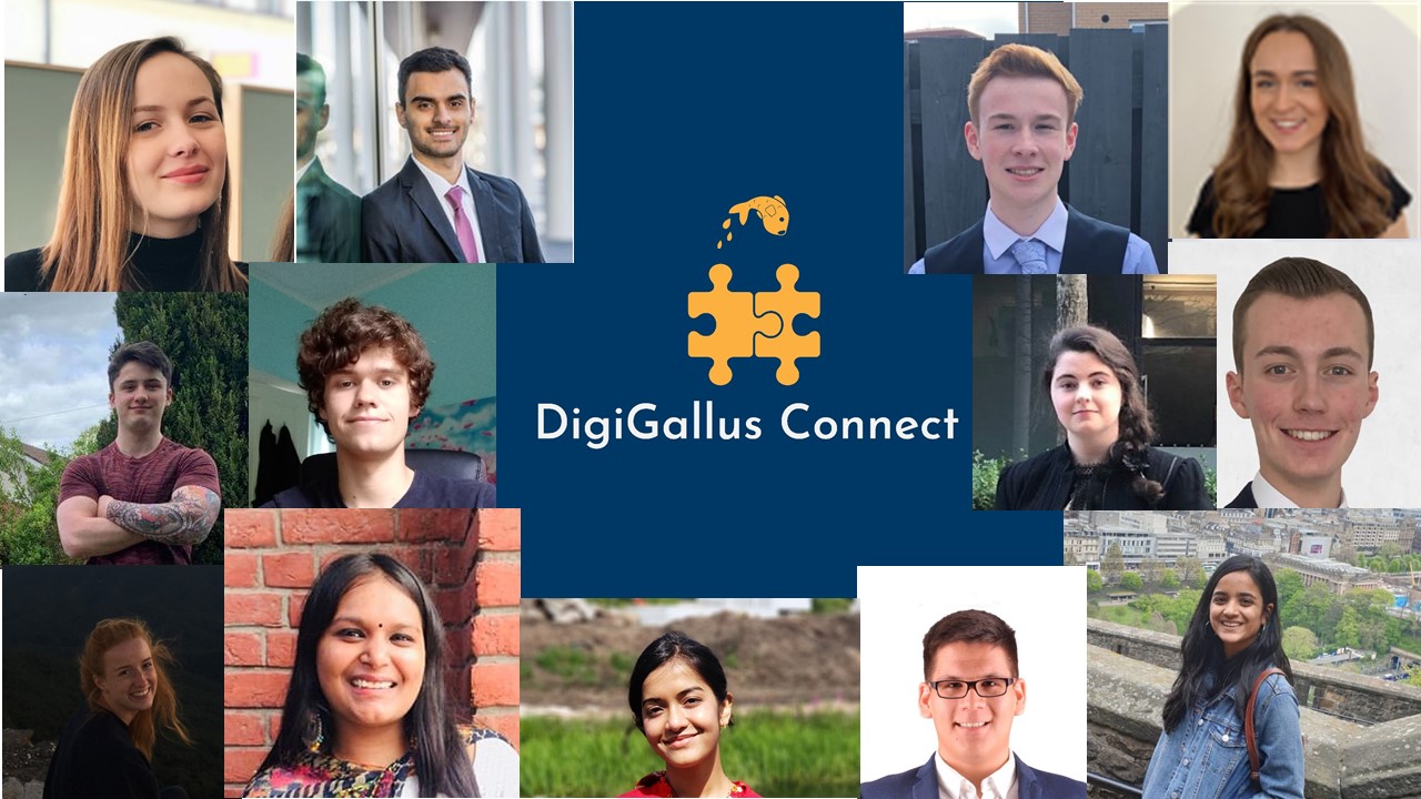 Students smiling surrounding DigiGallus Connect logo