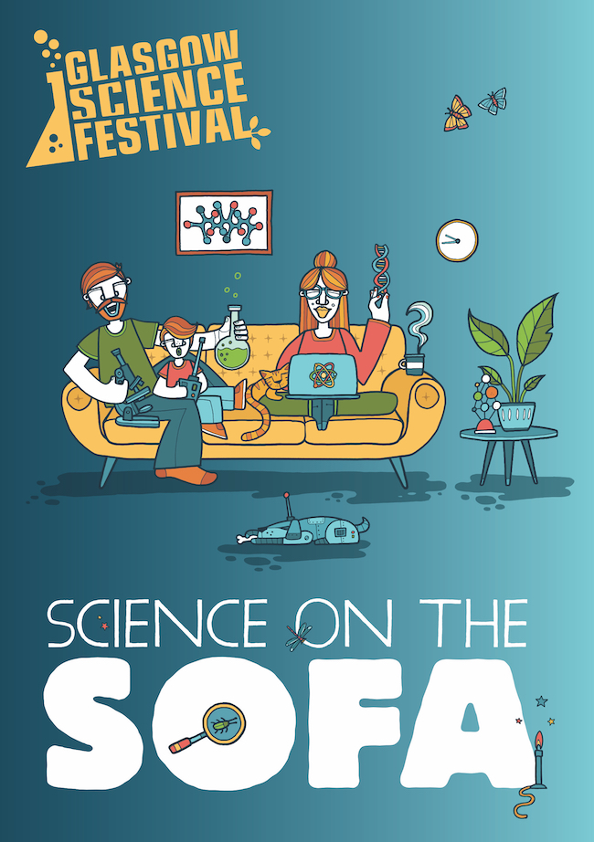 The hand-drawn promotional poster for the Science on the Sofa programme, showing a man, woman and child on the sofa with a laptop and a selection of science experiments