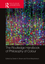 Routledge Handbook of Philosophy of Colour book cover featuring a scientific image of numerous multicolour cells from the cortex