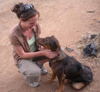 Professor Katie Hampson with dog in Tanzania