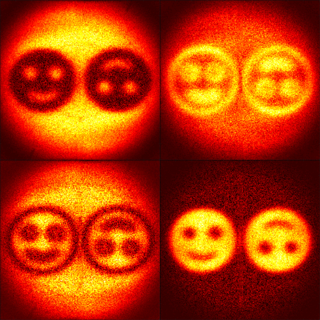 An image of two side-by-side smiley faces repeated four times, representing the four phase images which are recombined to generate a hologram in the UofG team's quantum holography experiment