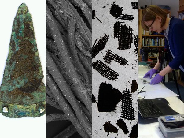 From left: Bronze Age dagger with preserved textile; Scanning electron micrograph of Bronze Age wool fibres; Structural view of Bronze Age textiles; Dr Susanna Harris examining textiles on Bronze Age metalwork (All Images © S. Harris; images 1 & 4  courtesy of West Berkshire Museum). 