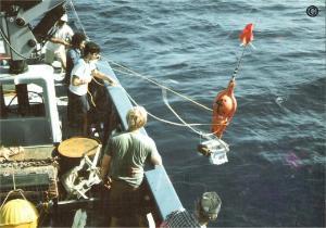 R.V Thomas Washington, Scripps Inst. of Oceanography, USA.  Sampling between Tahiti and Hawaii, Pacific Ocean, 1987.  Freefall equipment being deployed for sampling manganese nodules on the seabed, 5,000 meters water depth
