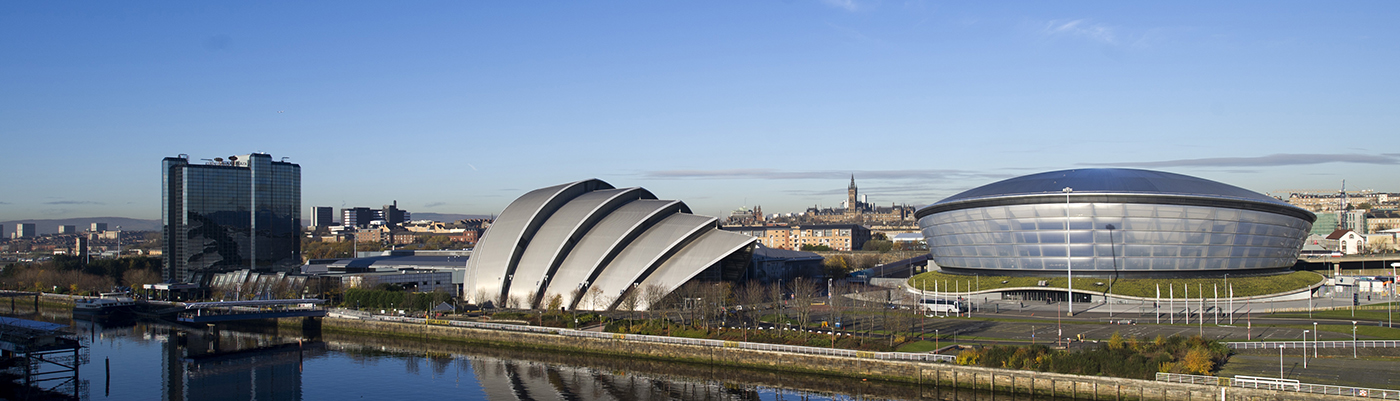 L-R: Crowne Plaza Hotel, SECC Armadillo and The Hydro with the University in the distance