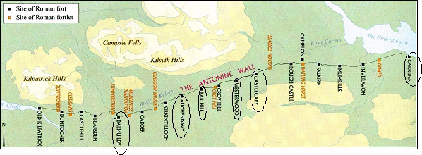 The locations of the forts investigated along the Antonine Wall (from Breeze 2004)