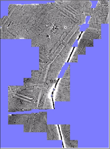 Grey-scale graphic of the magnetic survey at Balmuildy.  At the top is the fort;  WP is a modern water pipe.