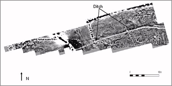 Magnetic survey at Auchendavy, showing the Ditch of the Antonine Wall. The fort lies just outside the graphic to the east.