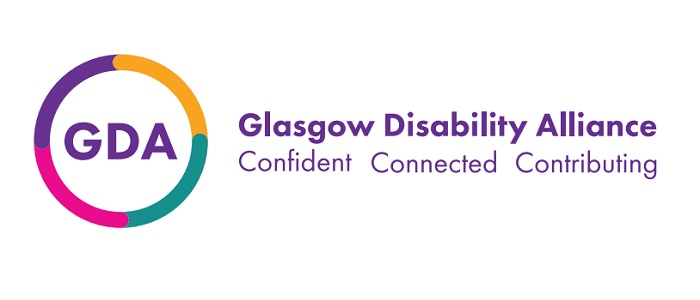 Logo of the Glasgow Disability Alliance, a circle coloured yellow, purple, pink and green and the words 'Confident, Conncted, Contributing'.