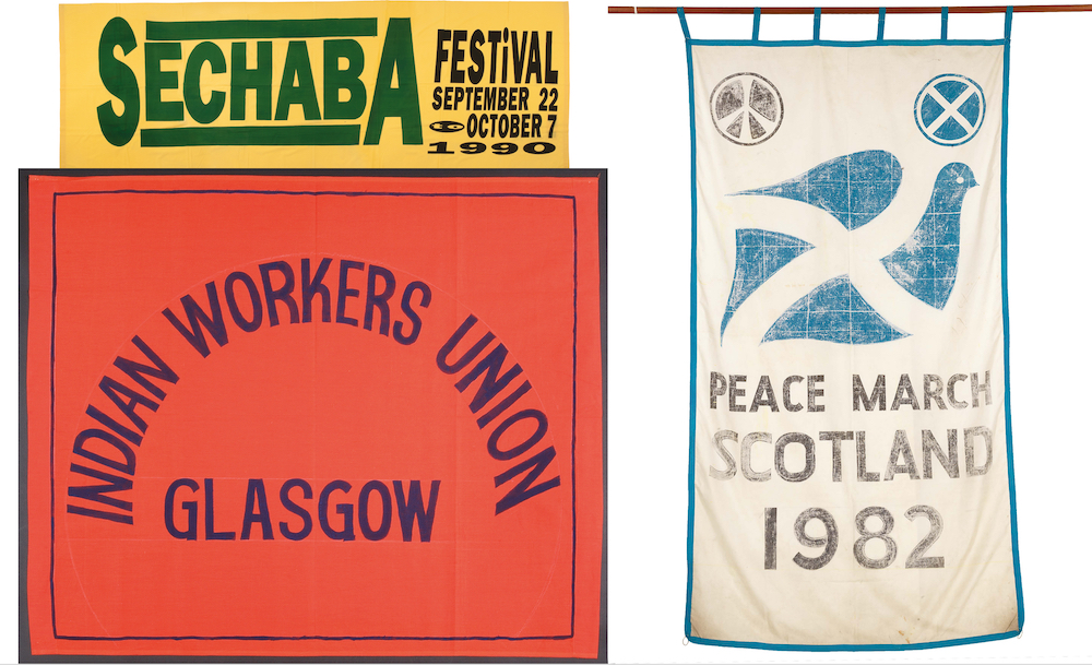 Examples of the banners featured in the book Diverse Voices, Challenging Injustice: Banner Tales from Glasgow. All images are © CSG CIC Glasgow Museums Collection