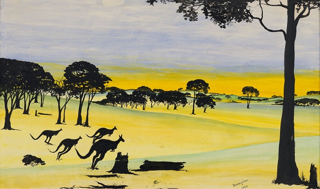 Barry Loo, Bounding for Home , 1950 (reproduction), watercolour and ink on paper, 302mm x 505mm. The Herbert Mayer Collection of Carrolup Artwork, Curtin University Art Collection. Gift of Colgate University, USA, 2013.